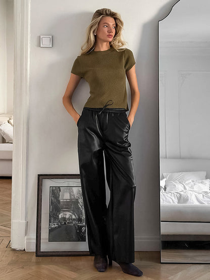 Elastic Waist Drawstring Faux Leather Wide Leg Pants