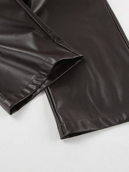 Elastic Waist Drawstring Faux Leather Wide Leg Pants