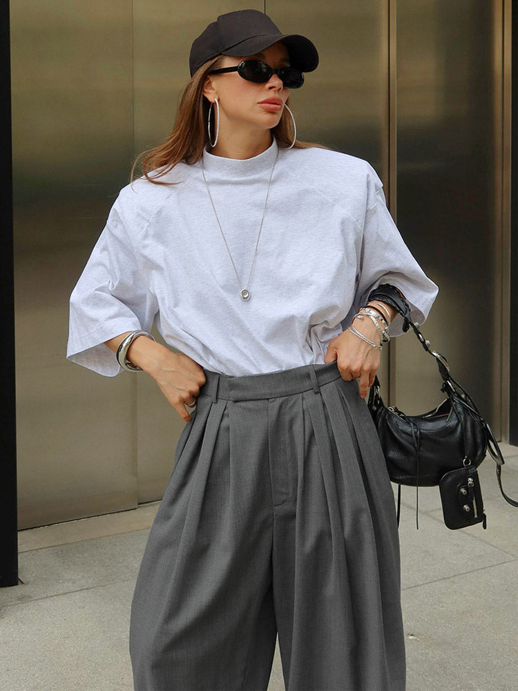 High Waist Pleated Drape Wide Leg Gray Suit Pants