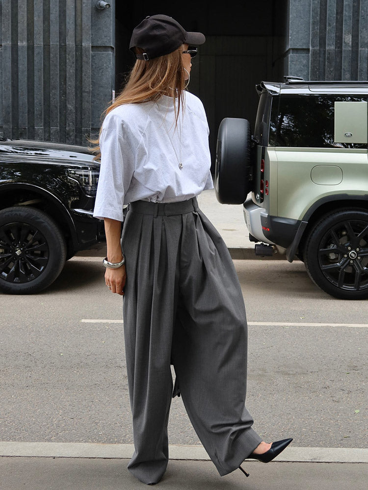 High Waist Pleated Drape Wide Leg Gray Suit Pants