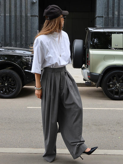 High Waist Pleated Drape Wide Leg Gray Suit Pants