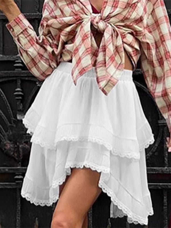 Elastic Waist Asymmetrical Lace Trim Tiered Mini Skirt