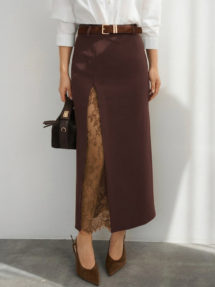 Lace Inner Front Slit High Waist Straight Midi Skirt