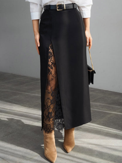 Lace Inner Front Slit High Waist Straight Midi Skirt