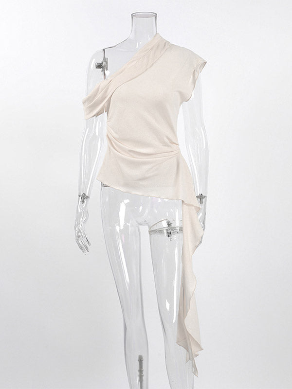 Women Asymmetric One Shoulder Sleeveless Top Side Ruched Draped Sash Blouse
