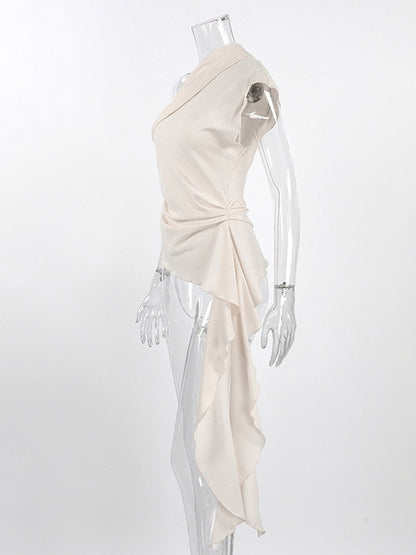 Women Asymmetric One Shoulder Sleeveless Top Side Ruched Draped Sash Blouse
