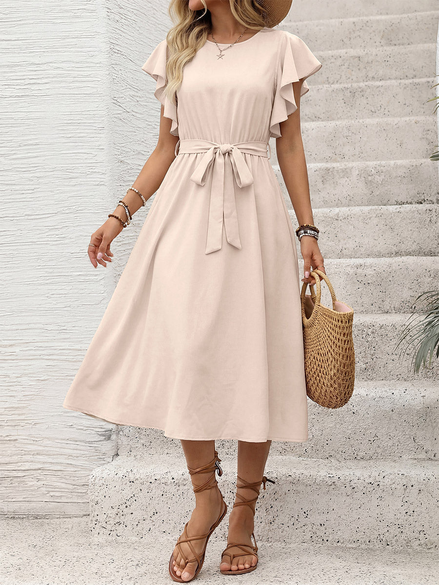 Vacation Dress Crew Neck Flutter Sleeve Flowy Summer Casual Midi Sundress