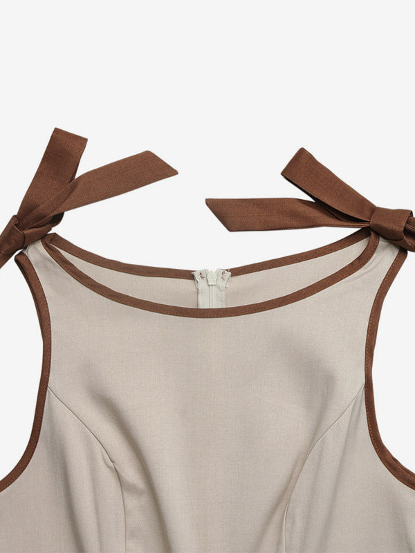 Jumpsuit Contrast Chocolate Trim Shoulder Tie Sleeveless High Waist Wide Leg Pants