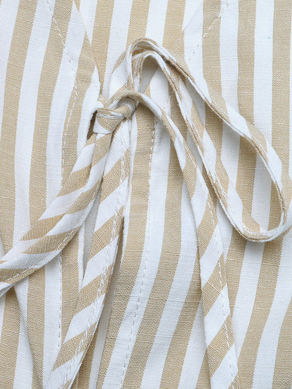 Women Striped Sleeveless V Neck Tie Front Vest Wide Leg Pants 2 Piece Linen Set