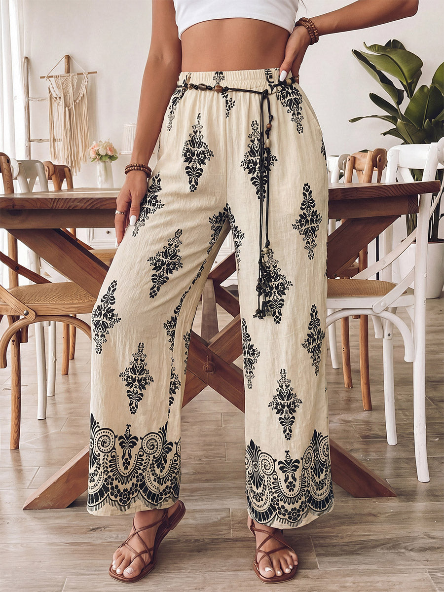 Pants Apricot Lace Up Raised Waist Printed Trousers