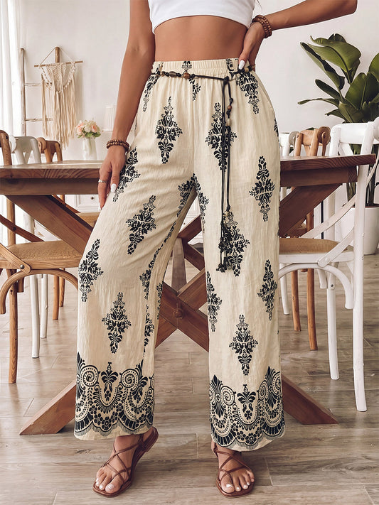 Pants Apricot Lace Up Raised Waist Printed Trousers