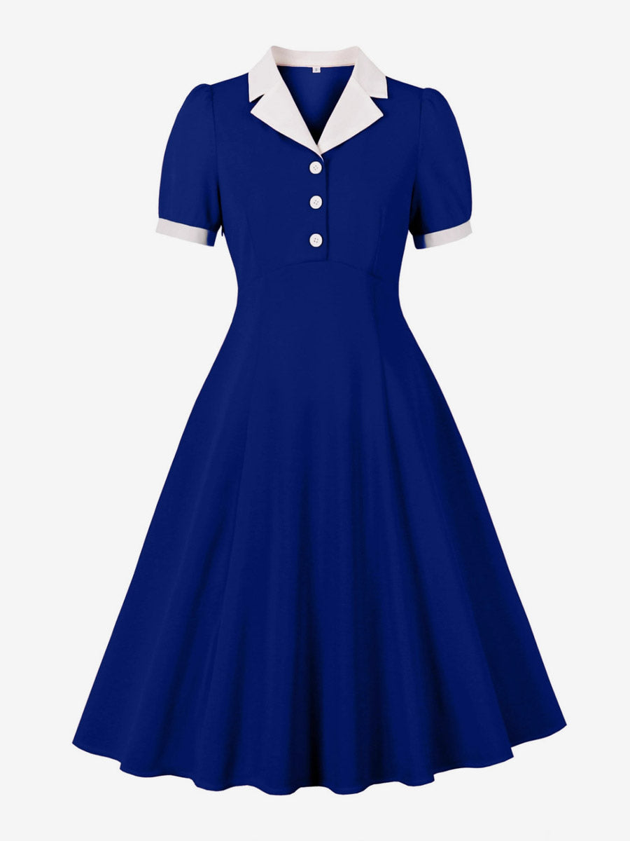 1950s Vintage Lapel Collar Swing Dress Puff Short Sleeve Button Retro Rockabilly Dress