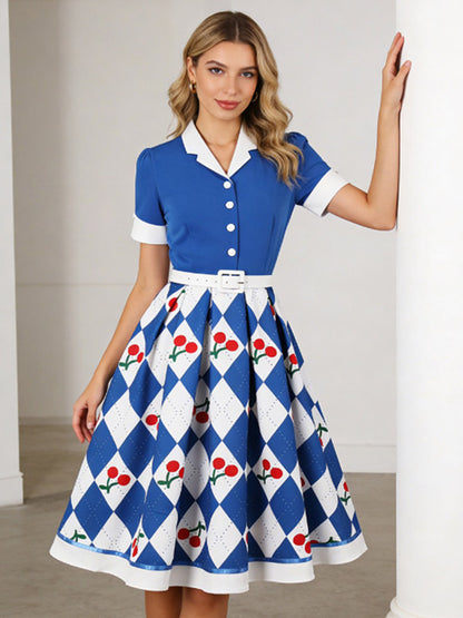1950s Vintage Fruit Print Swing Dress Contrast Collar Puff Sleeve Belted Midi Dress