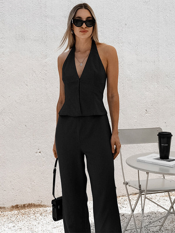 Women Halter V Neck Zip Crop Vest Wide Leg Pants 2 Piece Matching Suit Set