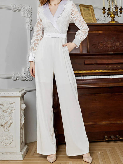 Jumpsuit White Long Sleeves Lace High Waist Wide Leg Pants Bridal Party Romper