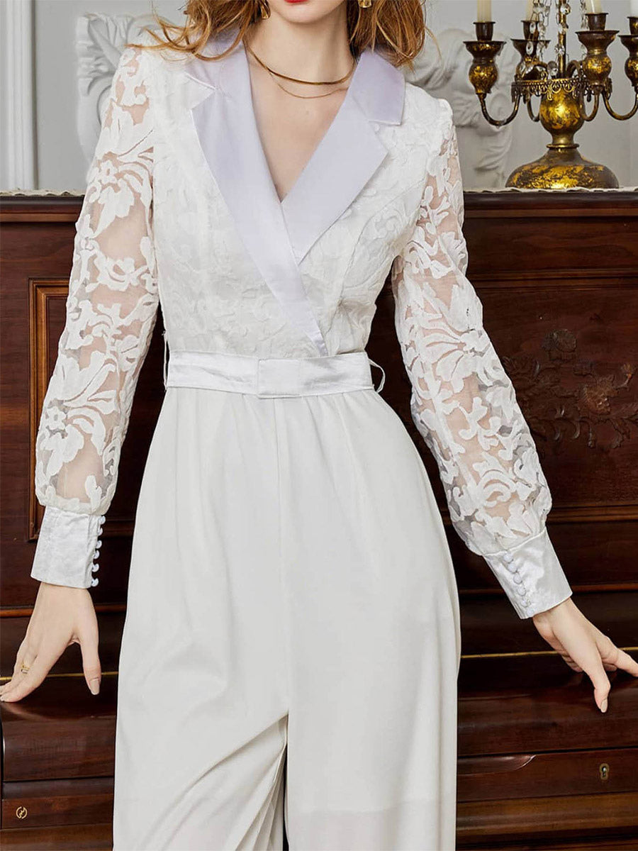 Jumpsuit White Long Sleeves Lace High Waist Wide Leg Pants Bridal Party Romper