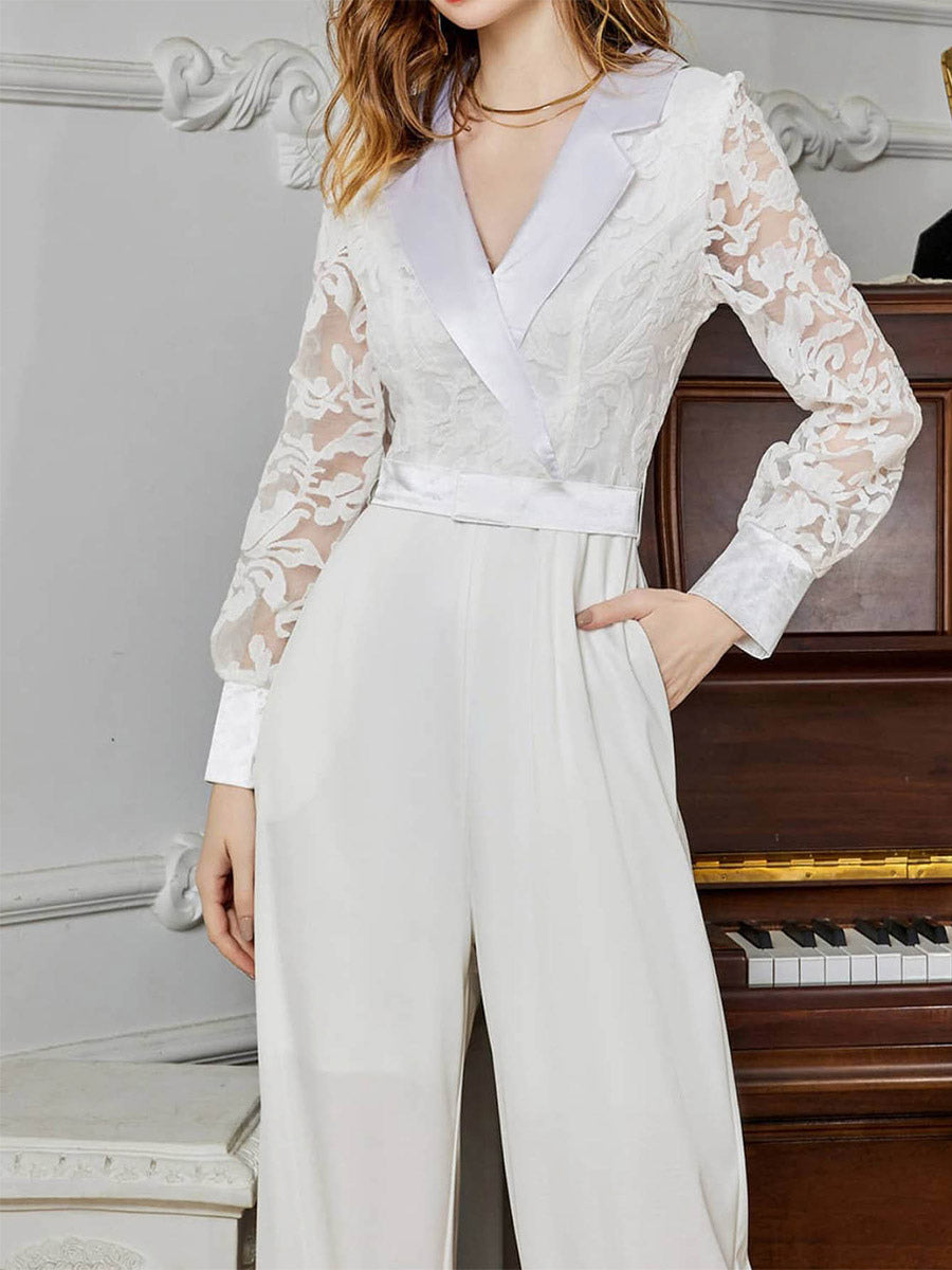 Jumpsuit White Long Sleeves Lace High Waist Wide Leg Pants Bridal Party Romper