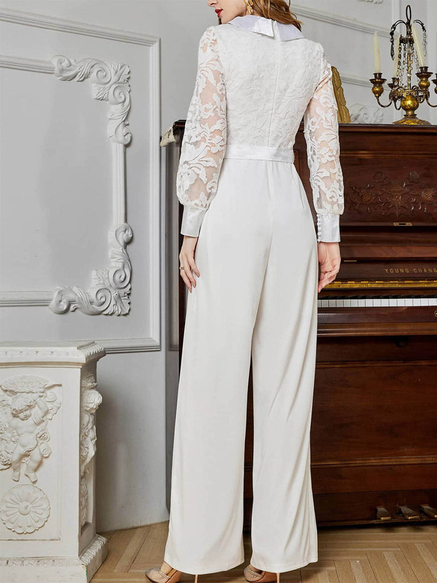 Jumpsuit White Long Sleeves Lace High Waist Wide Leg Pants Bridal Party Romper