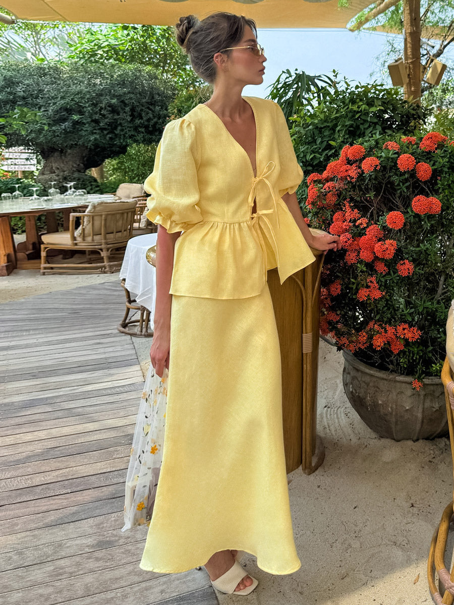 Women V Neck Front Tie Puff Sleeve Peplum Top Mermaid Maxi Skirt 2 Piece Set