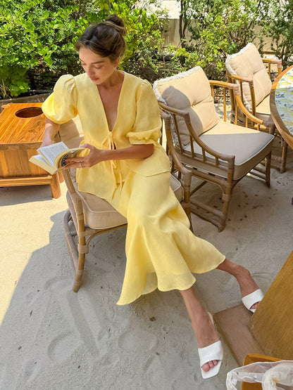 Women V Neck Front Tie Puff Sleeve Peplum Top Mermaid Maxi Skirt 2 Piece Set