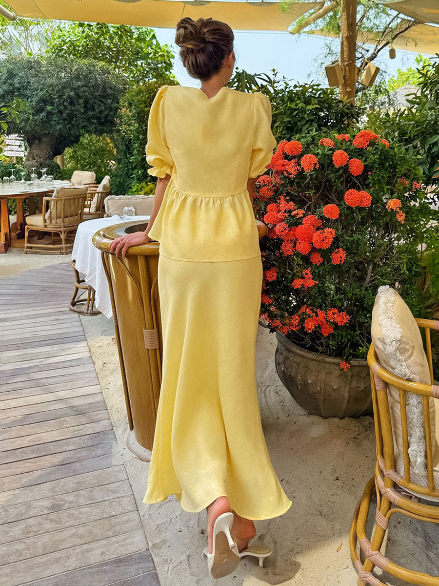 Women V Neck Front Tie Puff Sleeve Peplum Top Mermaid Maxi Skirt 2 Piece Set