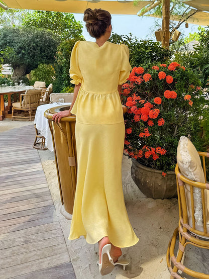 Women V Neck Front Tie Puff Sleeve Peplum Top Mermaid Maxi Skirt 2 Piece Set