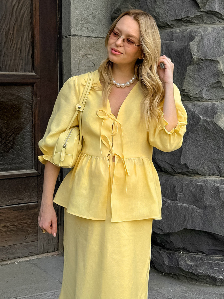 Women V Neck Front Tie Puff Sleeve Peplum Top Mermaid Maxi Skirt 2 Piece Set