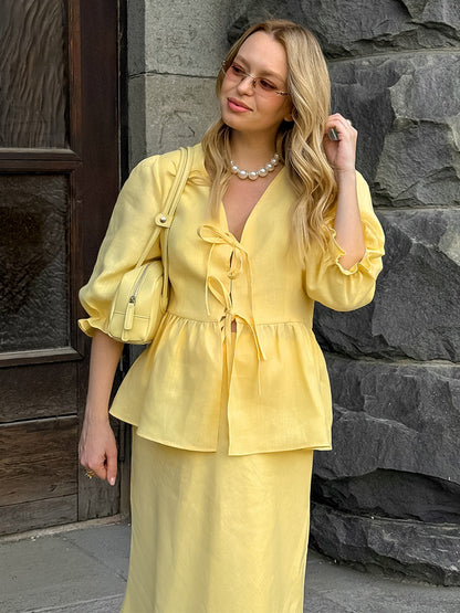 Women V Neck Front Tie Puff Sleeve Peplum Top Mermaid Maxi Skirt 2 Piece Set