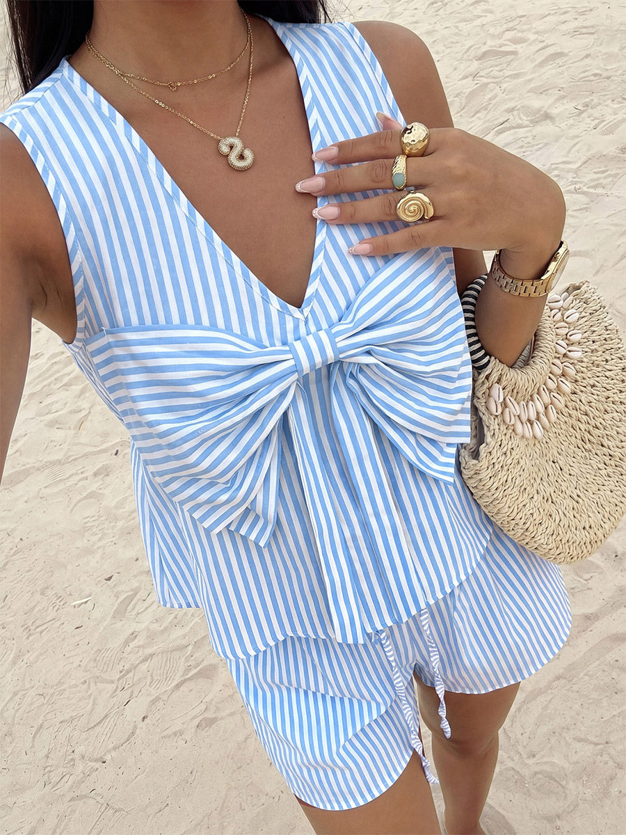 Women Vertical Striped Sleeveless V Neck Big Bow Crop Top Elastic Shorts 2 Piece Set