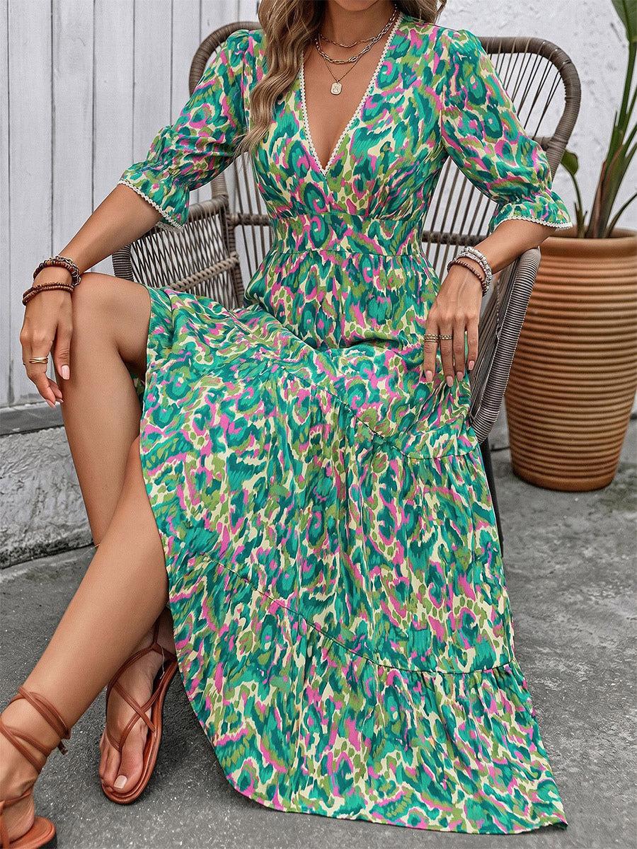 Vacation Maxi Dress Boho Green Abstract Print V Neck Frill Short Sleeve Elastic Waist Tiered Hem Flowy Dress
