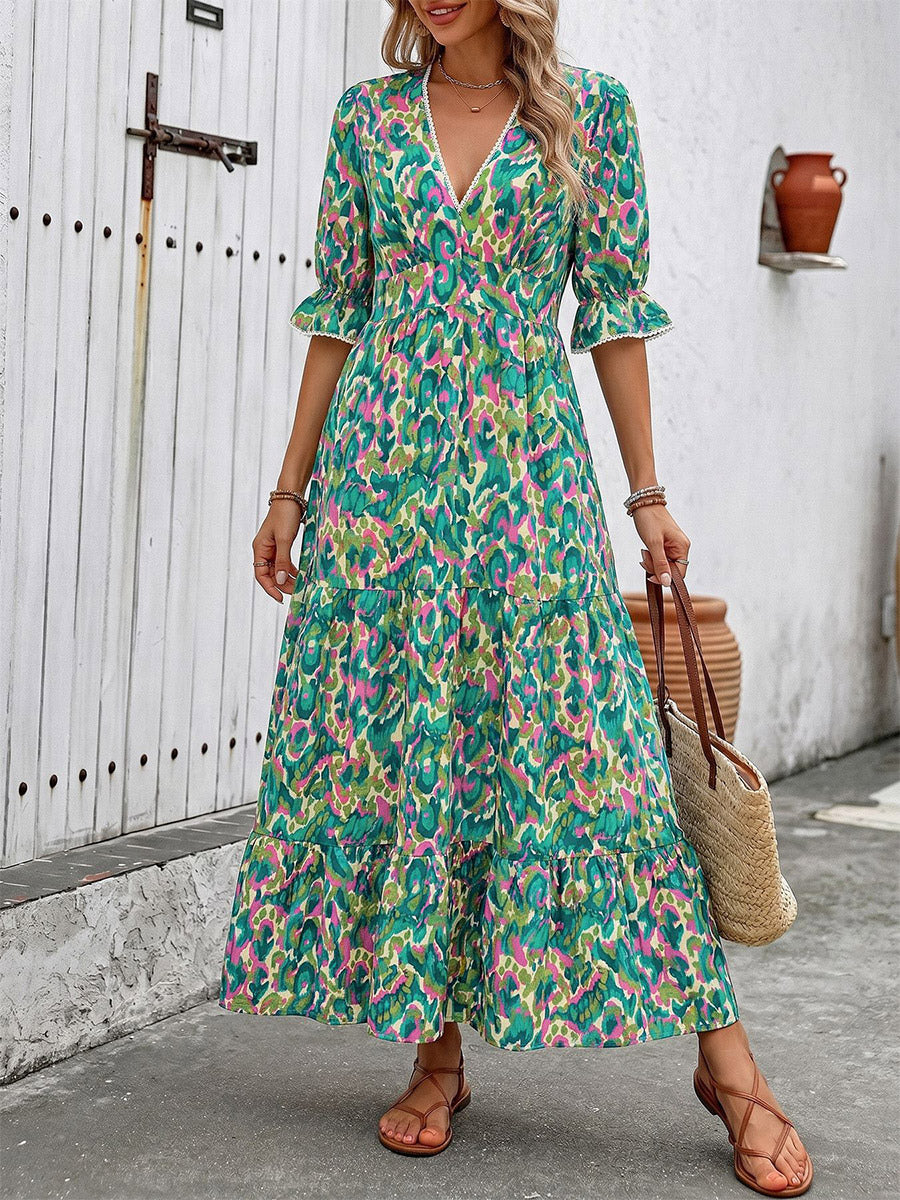 Vacation Maxi Dress Boho Green Abstract Print V Neck Frill Short Sleeve Elastic Waist Tiered Hem Flowy Dress