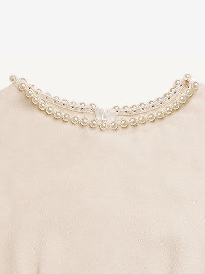 Daily Dresses Casual Midi Cream Satin Sleeveless Pearl Beaded Neckline Self Waist Belt Formal Dress