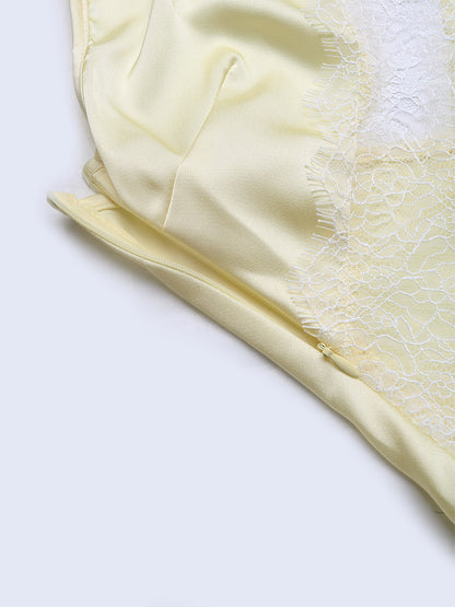 Date Night Dresses Slim Bodycon Yellow Silk Satin Cami Sheer Lace Long Dress