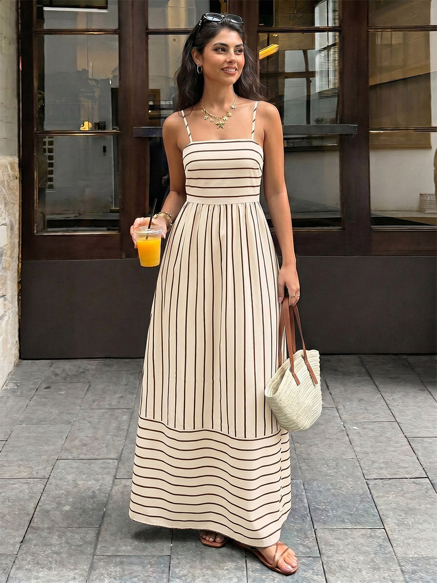 Vacation Long Dress Striped Cami Maxi Square Neck Elastic Cut Out Back Loose Flowy Summer Sundress