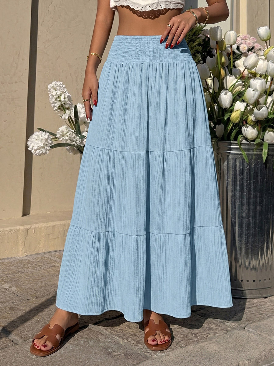 Women Smocked High Waist Tiered Maxi Skirt Textured Flowy Casual Beach Skirt