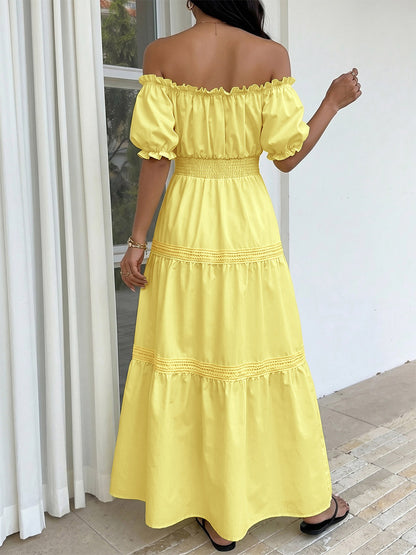 Vacation Dresses Midi Off The Shoulder Puff Sleeve Summer Beach Sundress