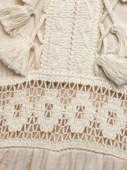 Jumpsuit Spaghetti Straps V Neck Fringe Crochet Lace Waist Elastic Back Wide Leg Casual Playsuit