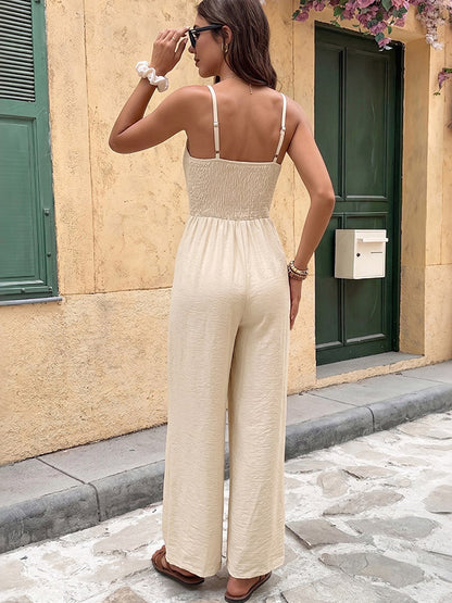 Jumpsuit Spaghetti Straps V Neck Fringe Crochet Lace Waist Elastic Back Wide Leg Casual Playsuit