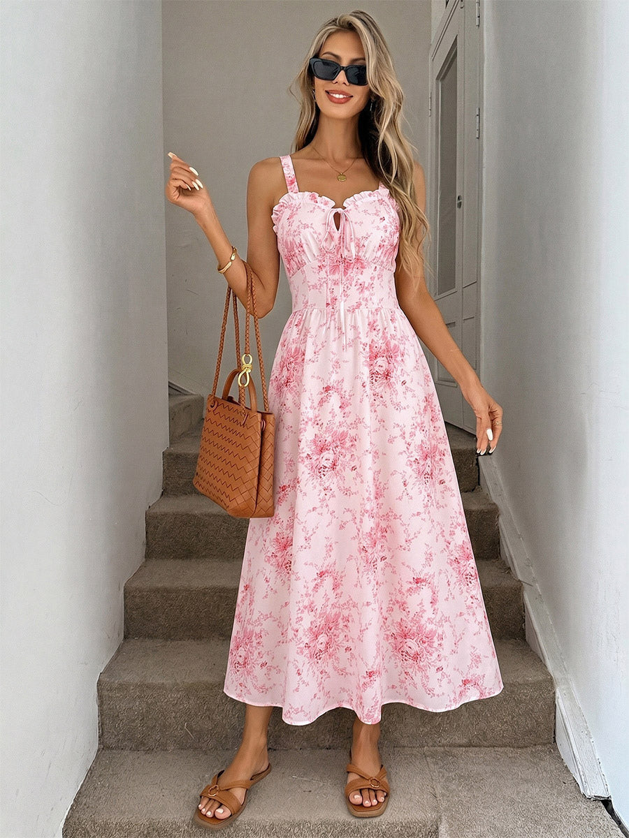 Vacation Sundress Pink Tiny Floral Print Spaghetti Strap Casual Flowy Midi Dress