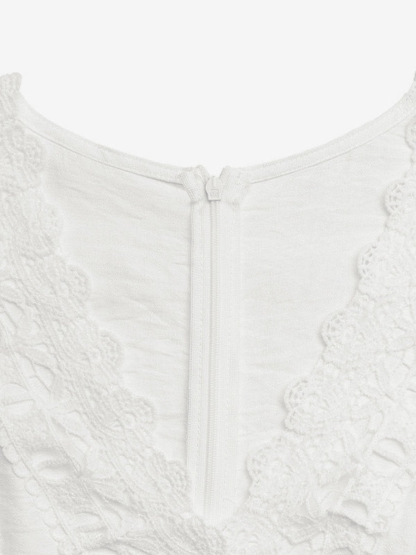 Boho Off-White Textured Jumpsuit V-Neck Ruffle Short Sleeve Crochet Lace Cutout High Waist Wide Leg Casual Playsuit