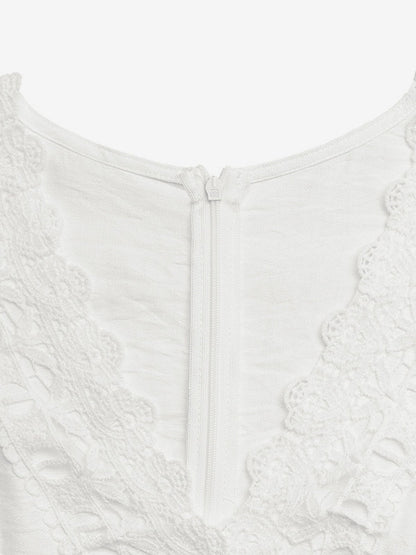 Boho Off-White Textured Jumpsuit V-Neck Ruffle Short Sleeve Crochet Lace Cutout High Waist Wide Leg Casual Playsuit