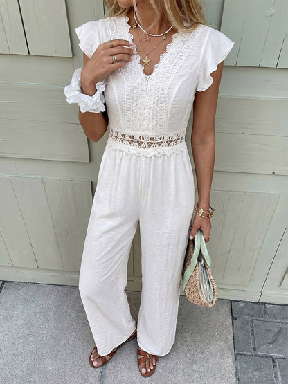 Boho Off-White Textured Jumpsuit V-Neck Ruffle Short Sleeve Crochet Lace Cutout High Waist Wide Leg Casual Playsuit