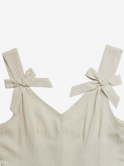 Jumpsuit Vacation Romper V Neck Shoulder Bow Straps Pleated Short High Waist Pleated Pocket Jumpsuit