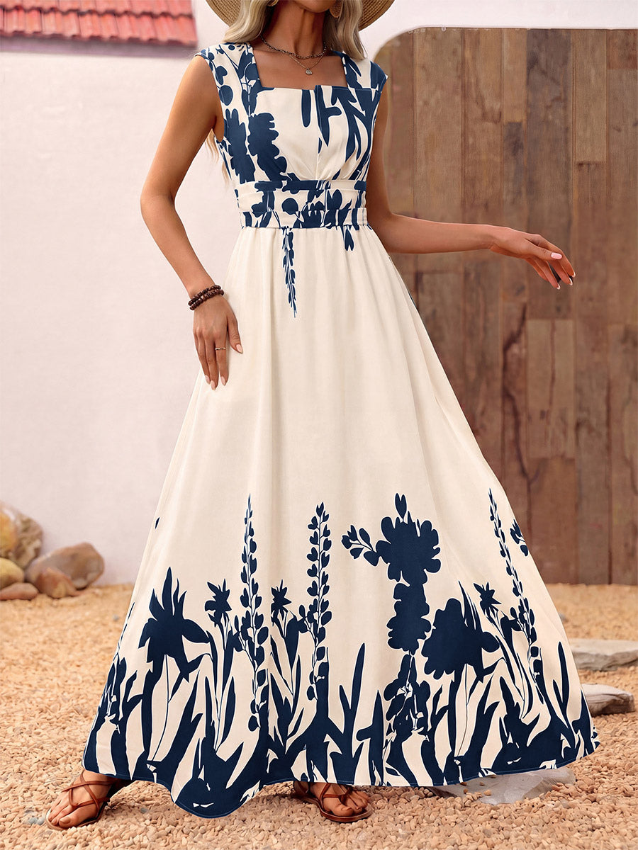 Vacation Sundress Dark Blue Block Floral Square Neck Sleeveless Flowy Boho Beach Summer Dress