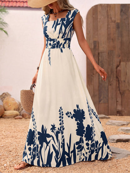 Vacation Sundress Dark Blue Block Floral Square Neck Sleeveless Flowy Boho Beach Summer Dress