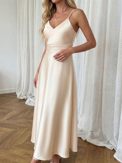 Date Night Dresses Champagne Satin Slip Spaghetti Straps Bridesmaid Evening Midi Dress