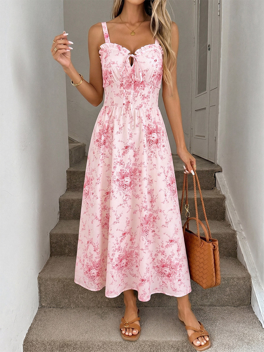 Vacation Sundress Pink Tiny Floral Print Spaghetti Strap Casual Flowy Midi Dress