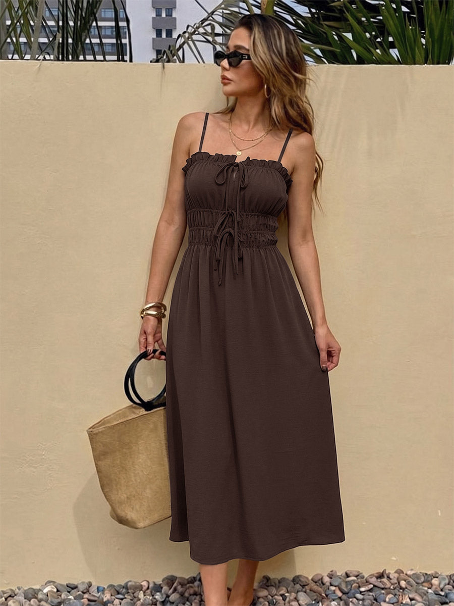 Vacation Dress Cami Ruffle Trim Square Neck Self Tie Elastic Waist Loose Casual Midi Dress
