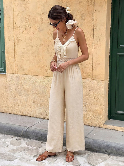 Jumpsuit Spaghetti Straps V Neck Fringe Crochet Lace Waist Elastic Back Wide Leg Casual Playsuit