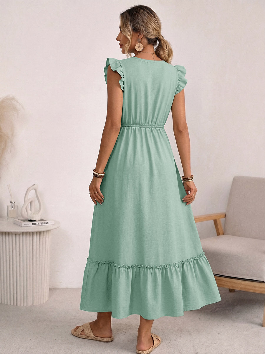 Vacation Dress Maxi Jewel Neck Sleeveless Green Embroidery Bohemian Lace Up Long Dress